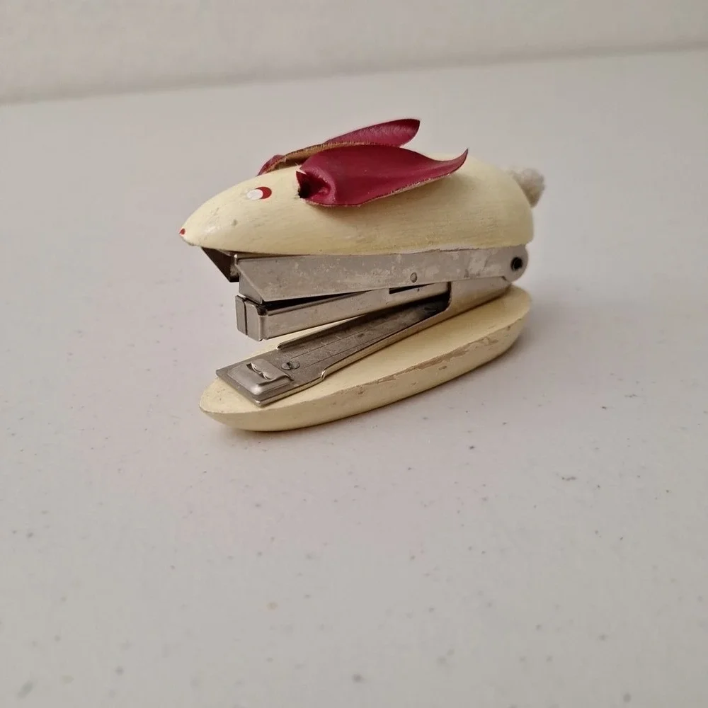 Vintage WOODEN MOUSE STAPLER 1950's Mid-Century Modern Leather Ears Painted